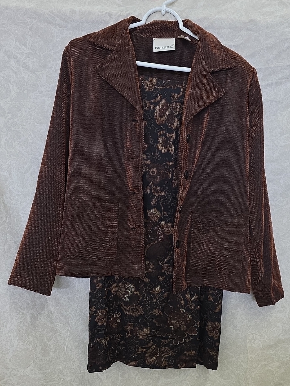 Fashion Bug Brown Tapestry Look Jacket with Dark Floral Wrap Skirt